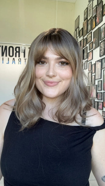 ash champagne dark blonde with middle part and fringe, heat safe glueles wig australia.
