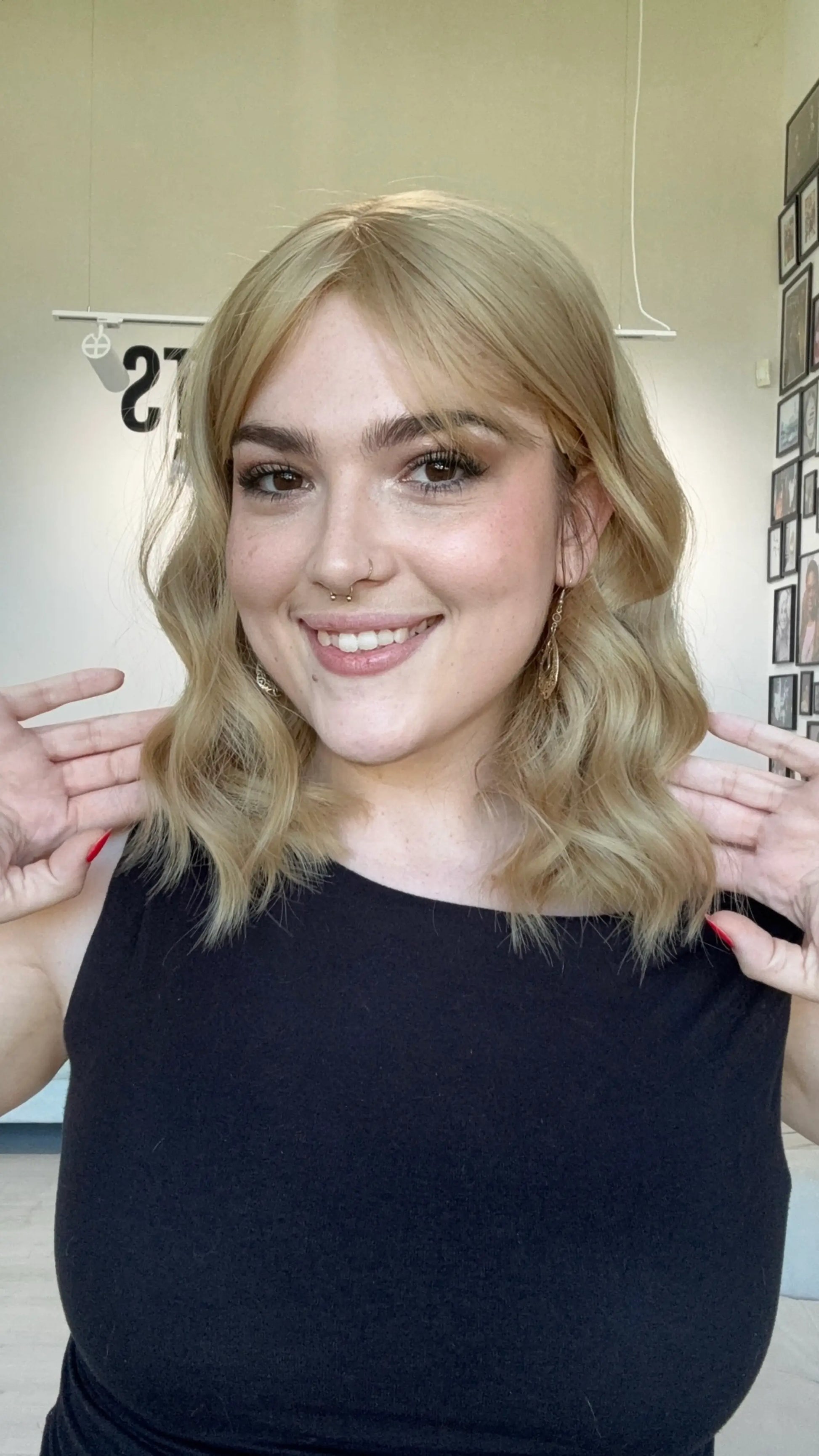 honey blonde hair middle part. heat safe topper with fringe. glueless cap
