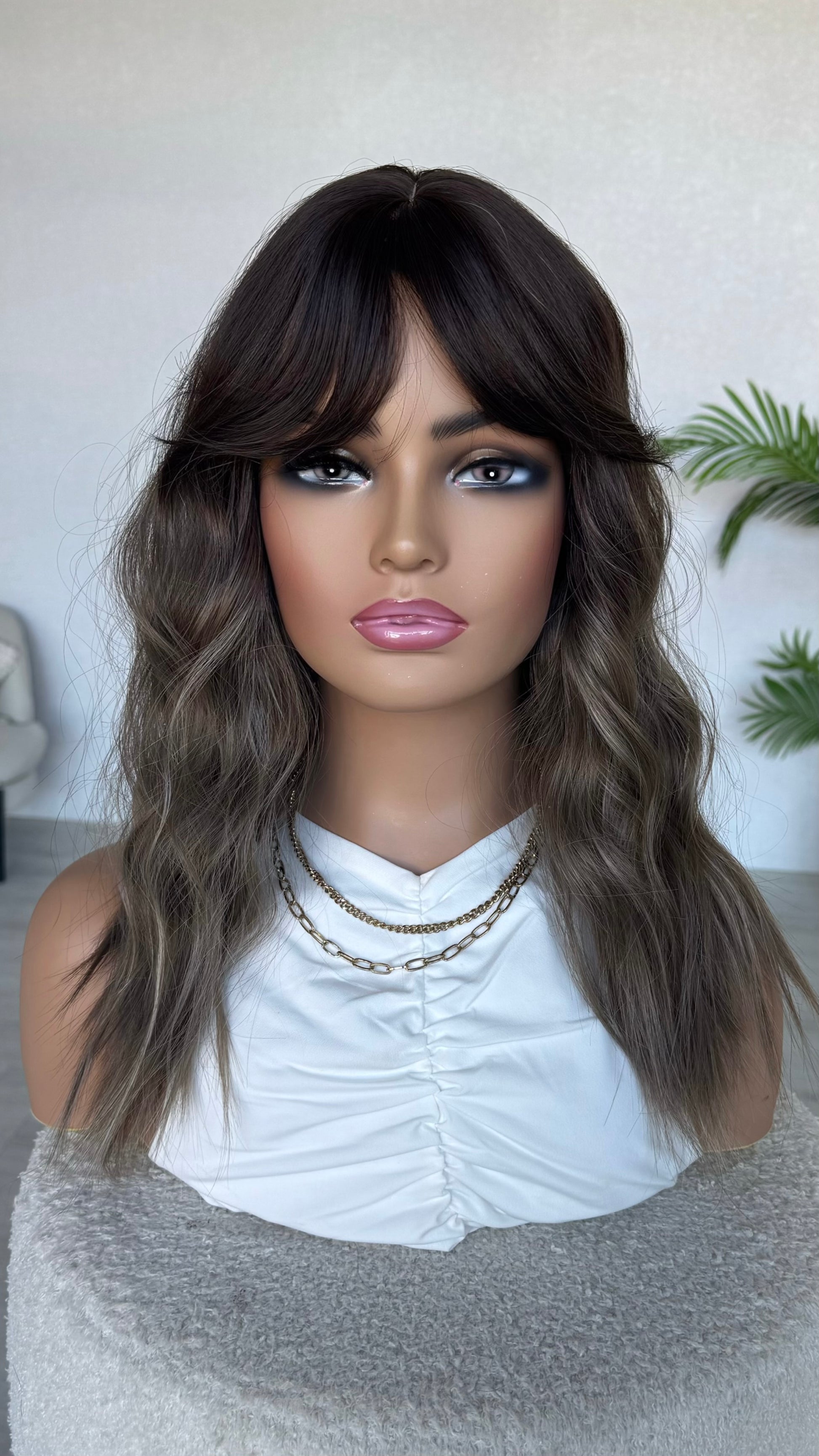 ash brown hair curtain bang wig