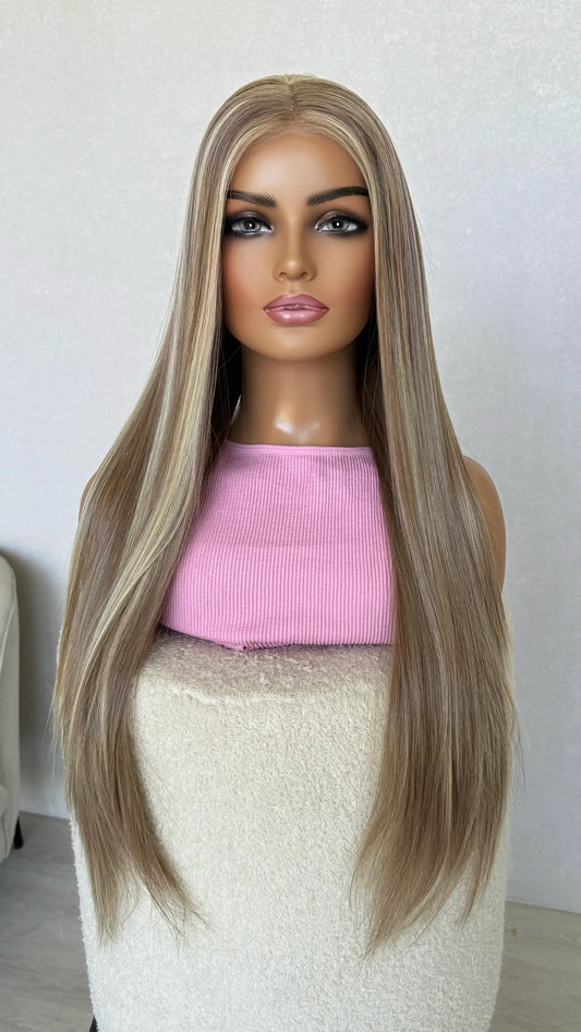 mixed blonde long straight wig, middle part lacefront wig