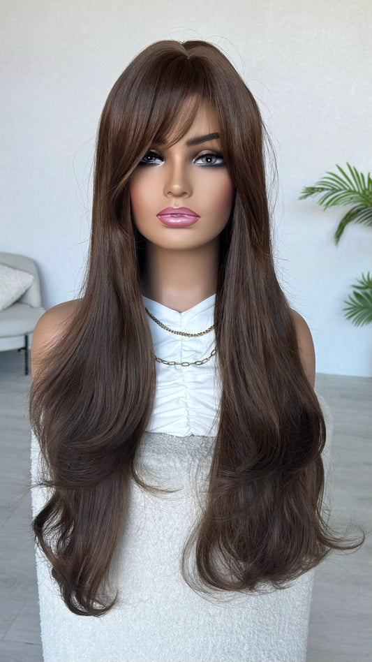 Mannequin head with long brown wig on a white background, australia wigs.