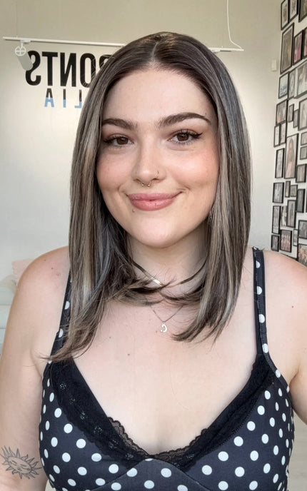 heat safe synthetic wig in grey ash colour, lace front glueless wig.