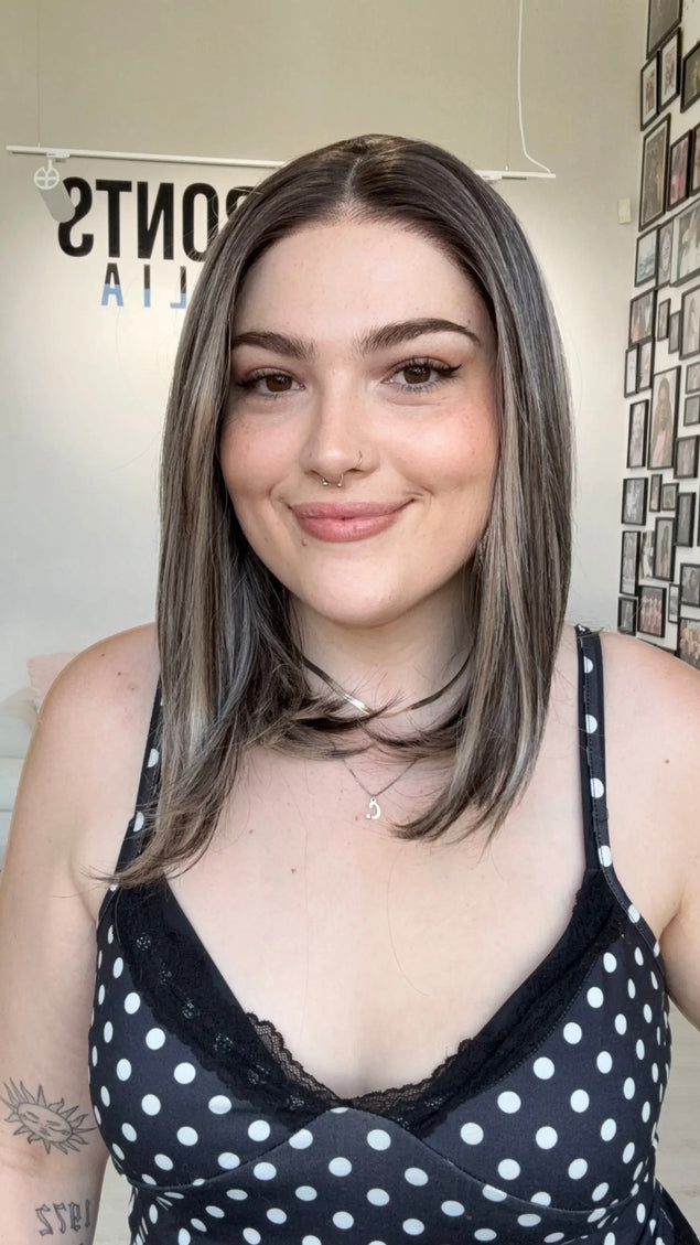 heat safe synthetic wig in grey ash colour, lace front glueless wig.