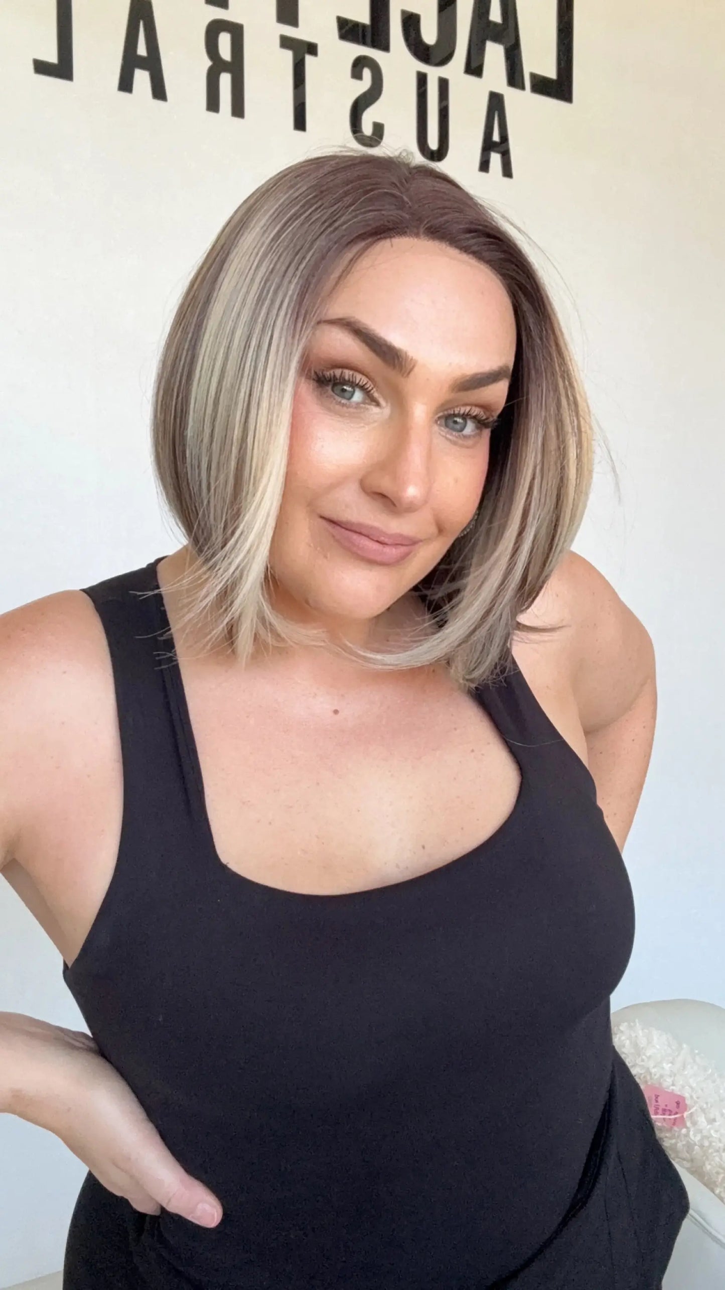 lace bob wig, 10-11 inch left side parting. brunette with ombre highlights.