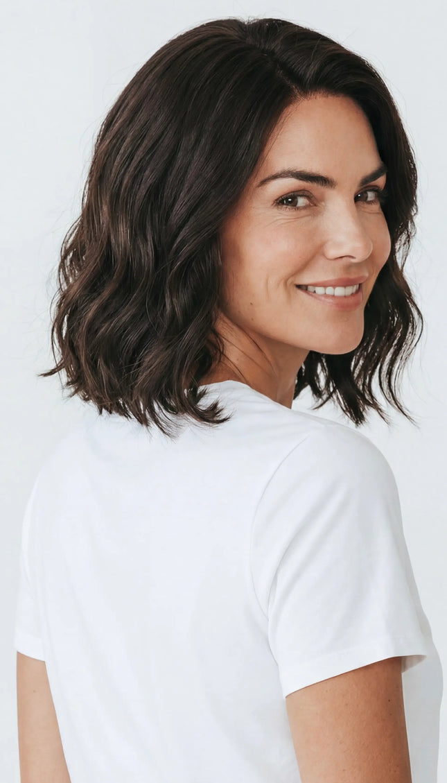 wavy brunette human hair bob wig with glueless cap for women with hairloss, alopecia, chemotherapy.