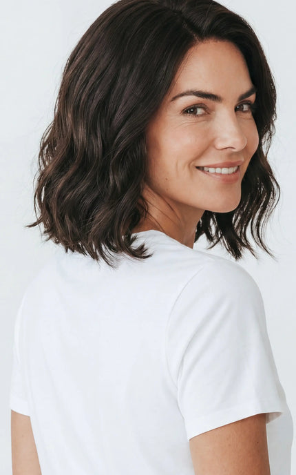 wavy brunette human hair bob wig with glueless cap for women with hairloss, alopecia, chemotherapy.