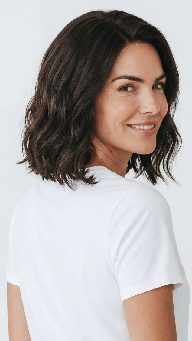 wavy brunette human hair bob wig with glueless cap for women with hairloss, alopecia, chemotherapy.