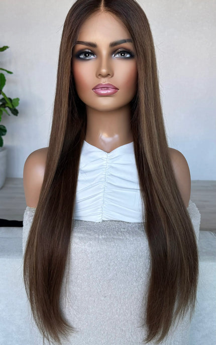 brunette long wig, golden undertones