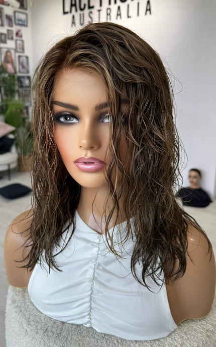 natural wave human hair lace wig, wavy brunette hair for hairloss australia.
