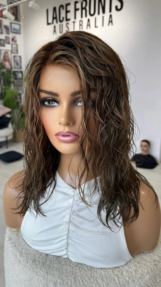 natural wave human hair lace wig, wavy brunette hair for hairloss australia.
