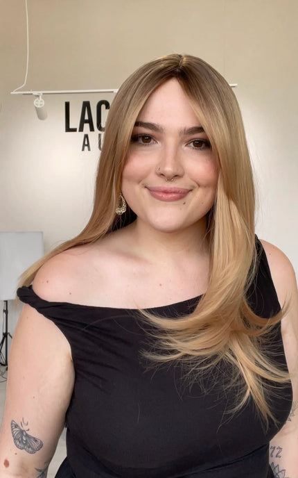 ombre warm blonde hair with curtain bangs and layers. middle part heat safe wig australia.