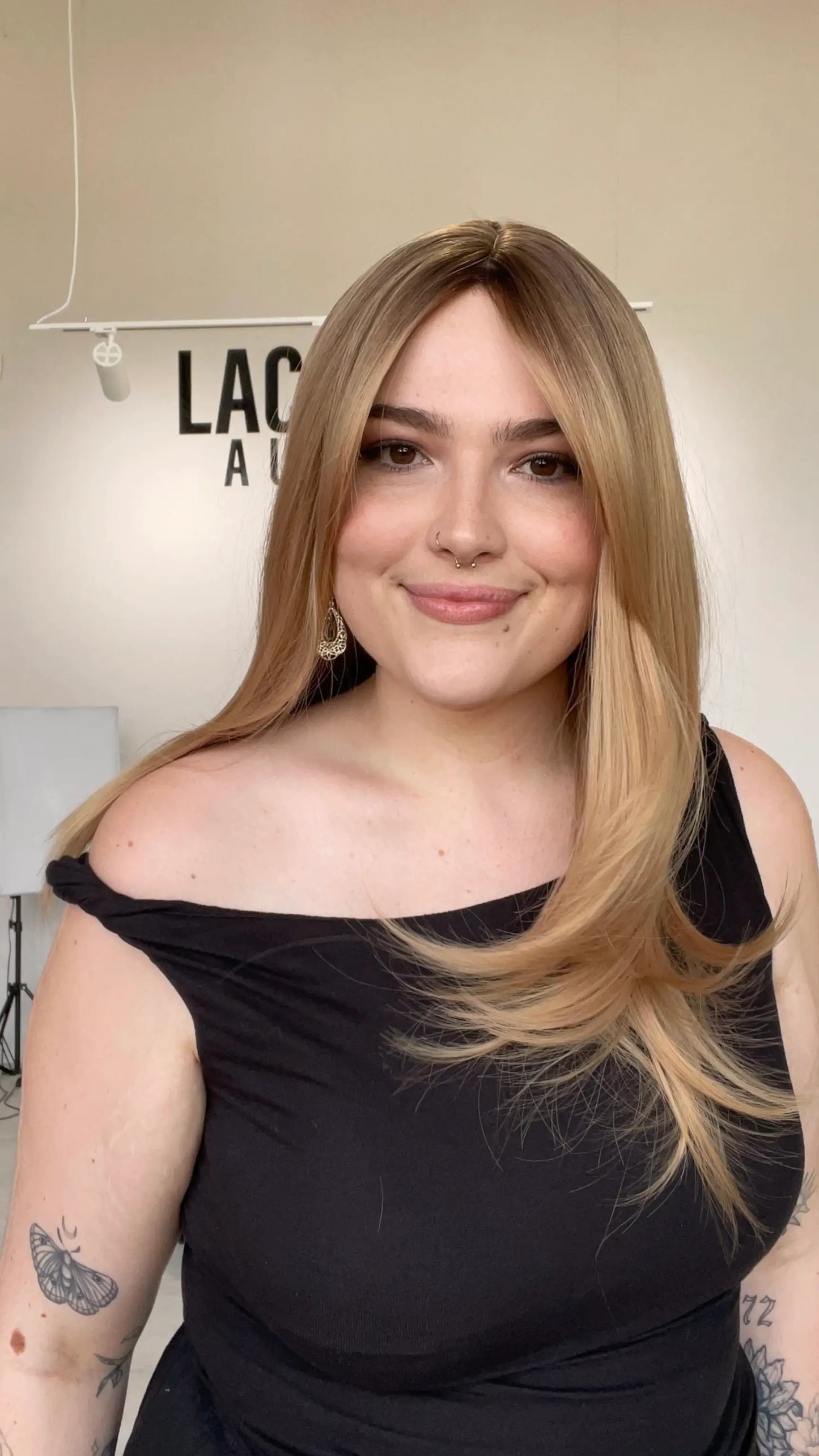 ombre warm blonde hair with curtain bangs and layers. middle part heat safe wig australia.
