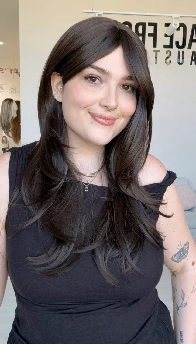 curtain bang synthetic with layers, dark brown heat safe wig, gold coast australia.