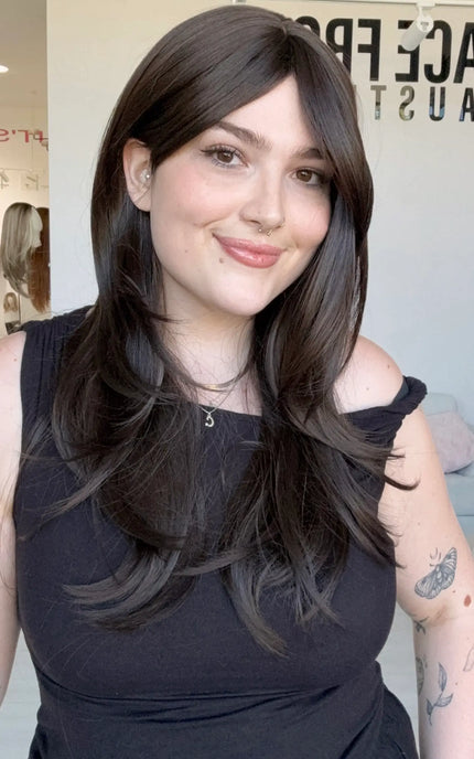 curtain bang synthetic with layers, dark brown heat safe wig, gold coast australia.