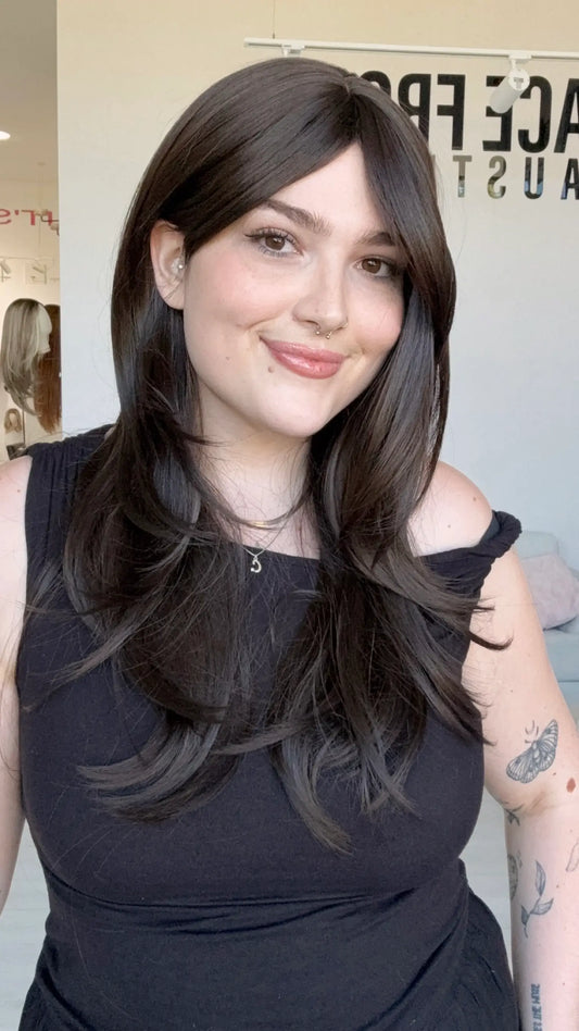 curtain bang synthetic with layers, dark brown heat safe wig, gold coast australia.
