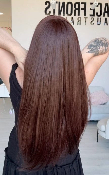 long length burgundy red hair synthetic wig for hairloss, based in australia.