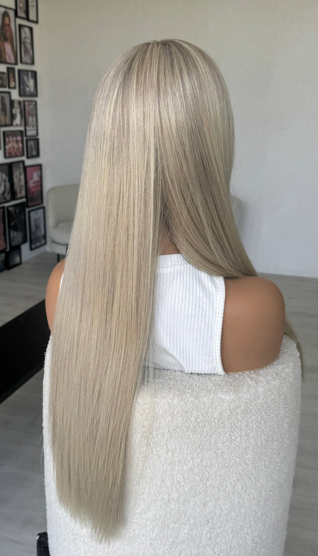 human hair blonde wig from back view, 26 inch straight blonde hair, platinum wig.