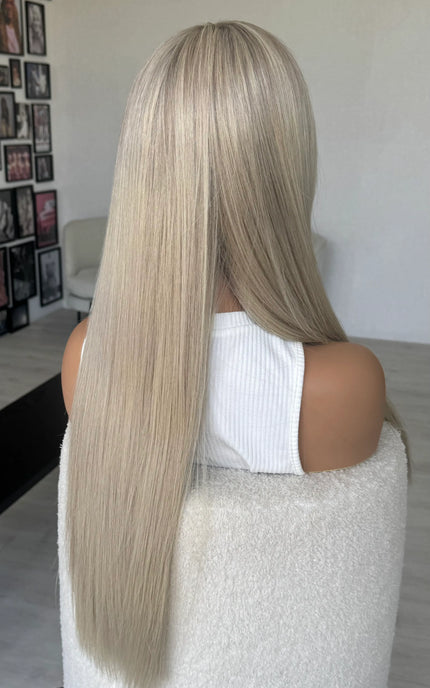 human hair blonde wig from back view, 26 inch straight blonde hair, platinum wig.