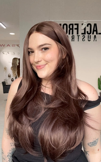 long layered red brunette coloured hair, heat safe sythetic wig for hairloss, alopecia and everyday wear. 