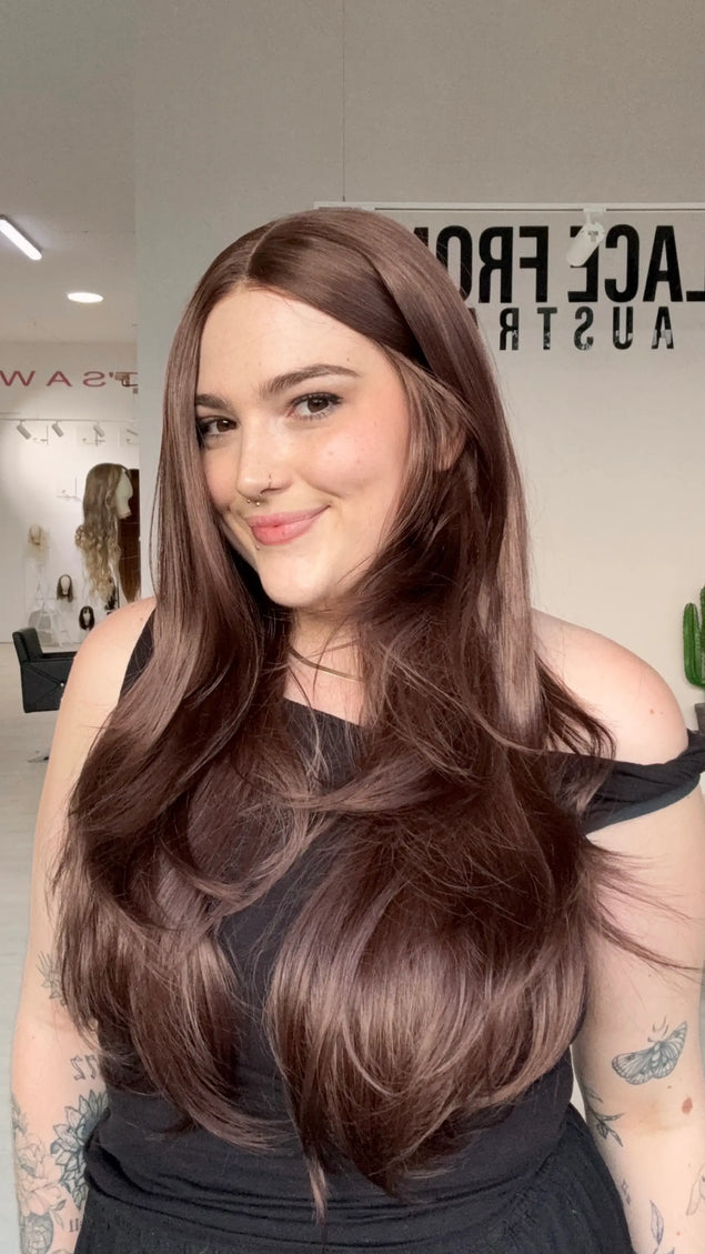 long layered red brunette coloured hair, heat safe sythetic wig for hairloss, alopecia and everyday wear. 