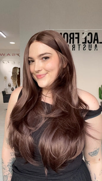 long layered red brunette coloured hair, heat safe sythetic wig for hairloss, alopecia and everyday wear. 
