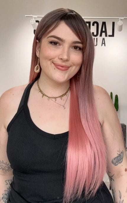 natural looking long hair pink synthetic wig. heat safe hair. 