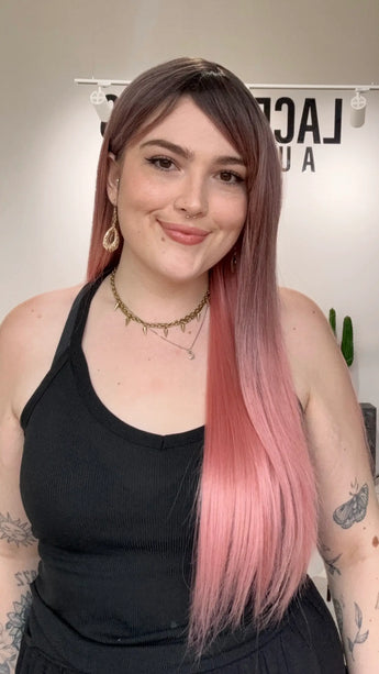 natural looking long hair pink synthetic wig. heat safe hair. 
