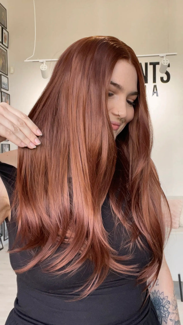 long length red hair synthetic wig with a realistic hairline and glueless cap for everyday wear.