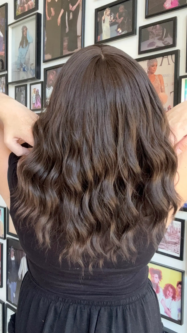wavy dark brunette heat safe synthetic wig for hairloss, australia.