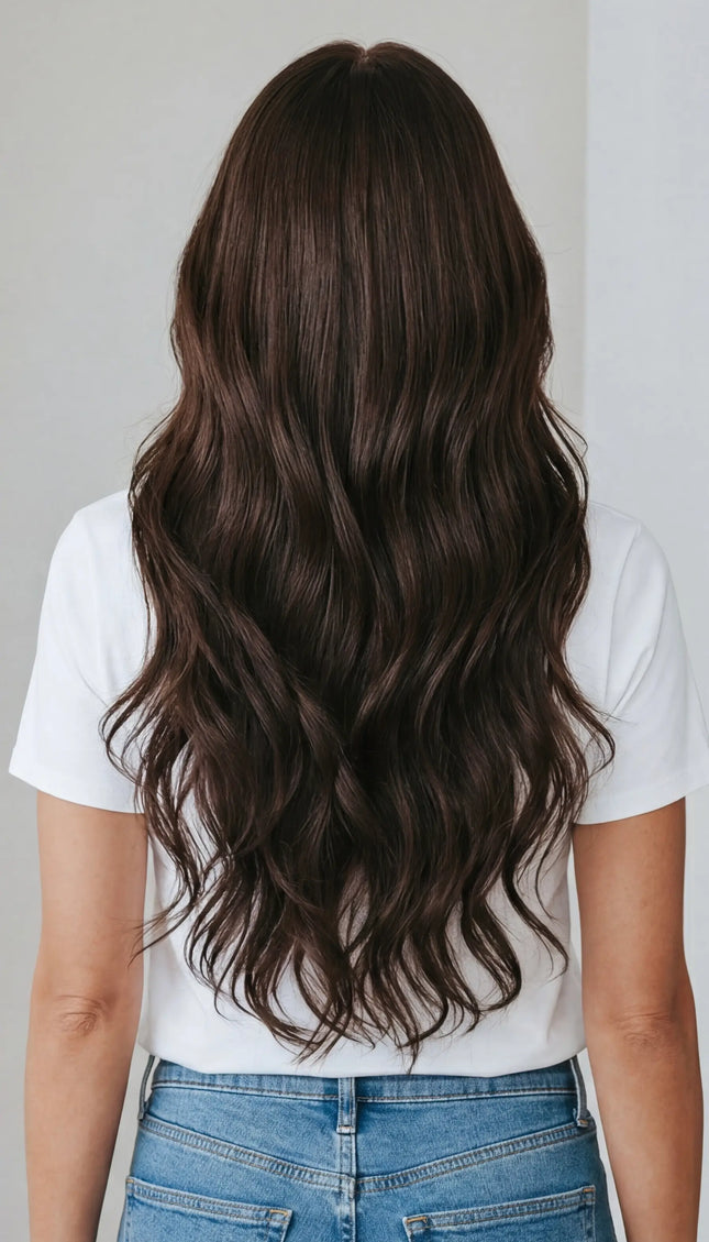 wavy brunette human hair wig for hairloss, realistic hairline.
