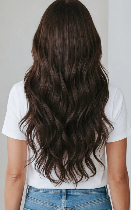 wavy brunette human hair wig for hairloss, realistic hairline.