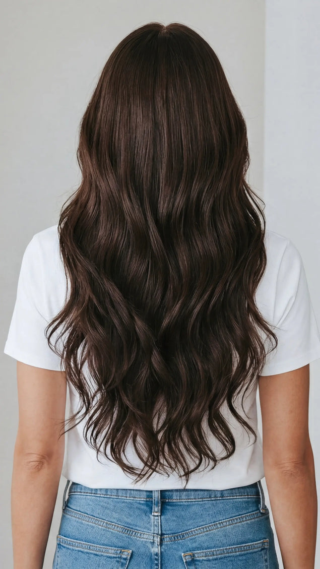 wavy brunette human hair wig for hairloss, realistic hairline.