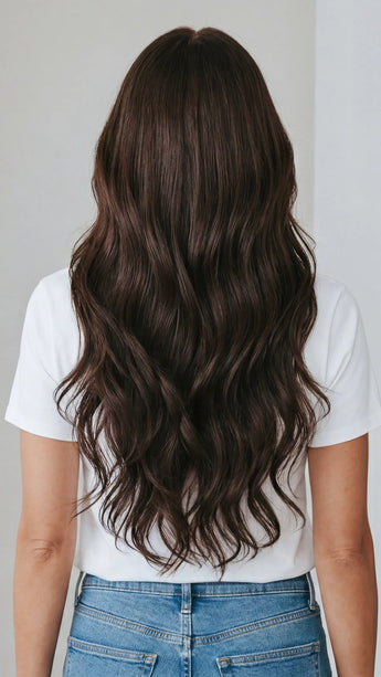 wavy brunette human hair wig for hairloss, realistic hairline.