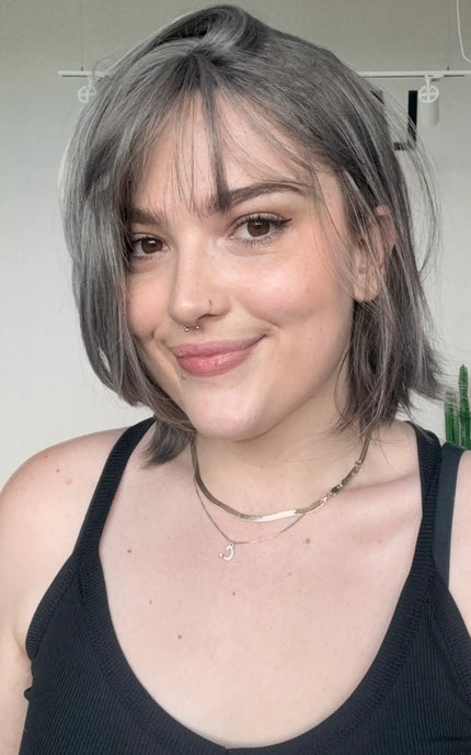 natural looking, heat safe bob  synthetic wig with salt and pepper grey hair.