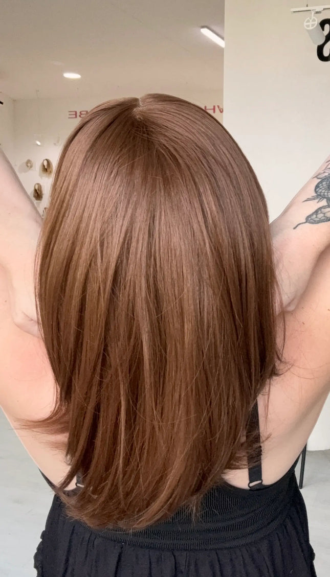 realistic looking lace front wig, chesnut brown, long layered bob wig.
