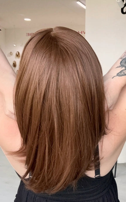 realistic looking lace front wig, chesnut brown, long layered bob wig.