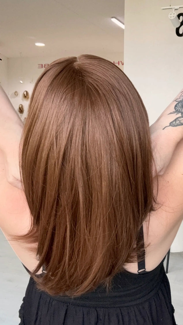 realistic looking lace front wig, chesnut brown, long layered bob wig.