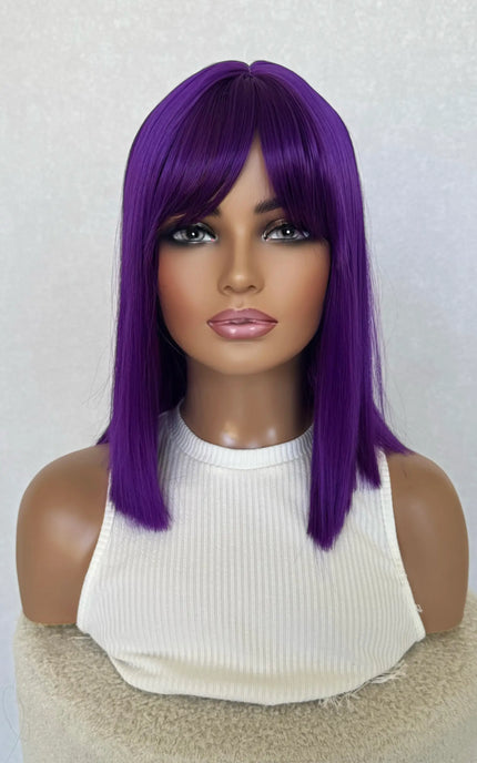 blunt cut purple wig, middle part with fringe, heat safe fibres.