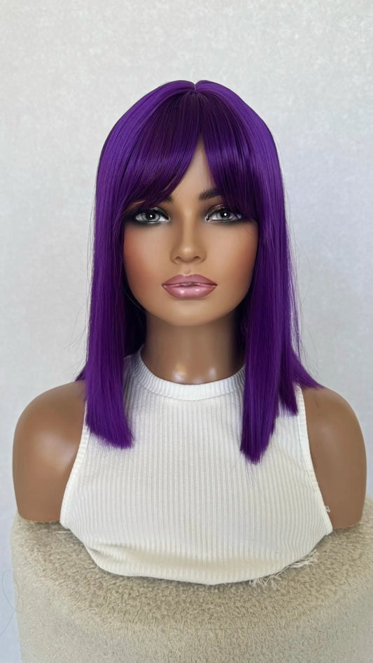 blunt cut purple wig, middle part with fringe, heat safe fibres.