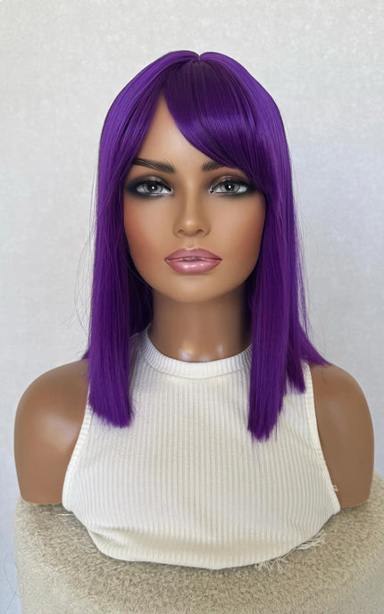 fringe wig, middle part, blunt cut, neon purple, glueless synthetic wig australia.
