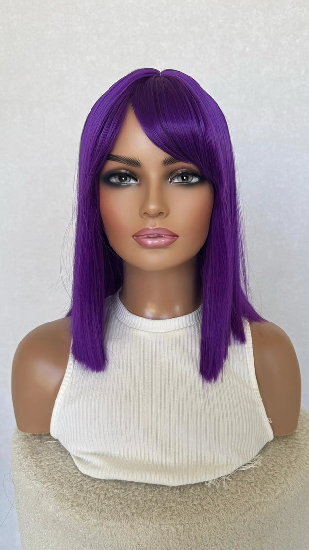 fringe wig, middle part, blunt cut, neon purple, glueless synthetic wig australia.