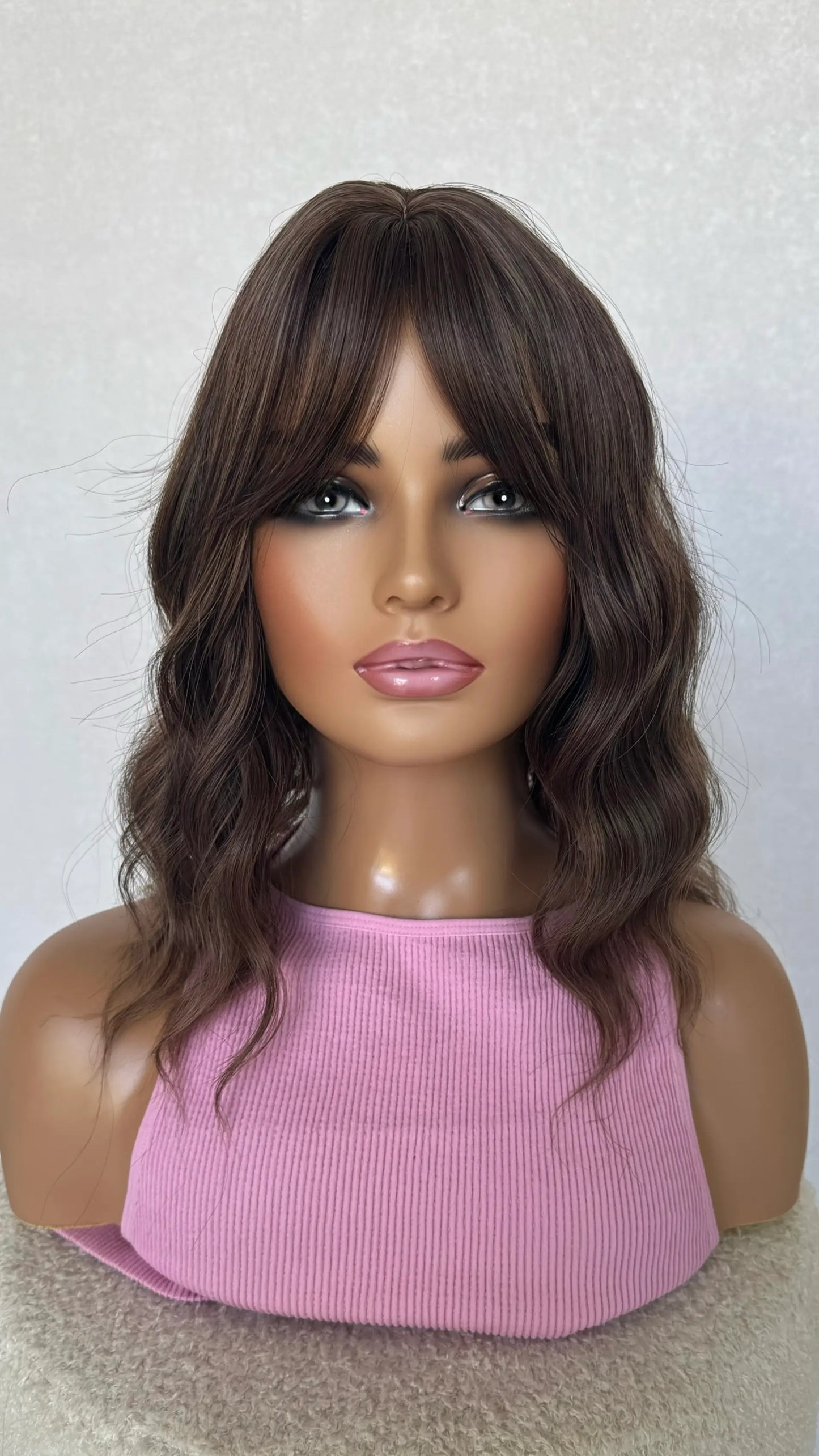 14 inch fringe wavy synthetic, middle part, heat safe wig.