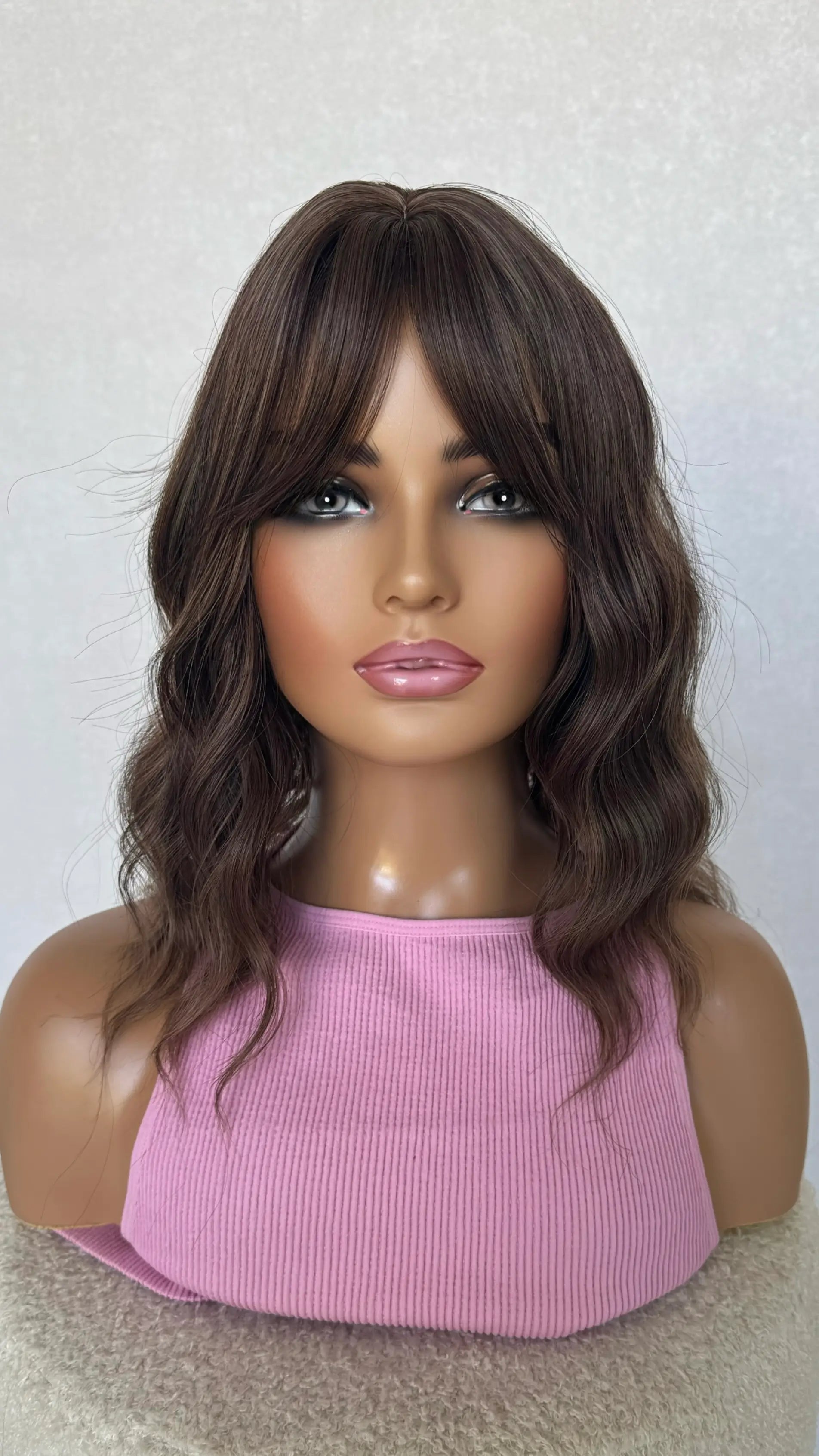 14 inch fringe wavy synthetic, middle part, heat safe wig.