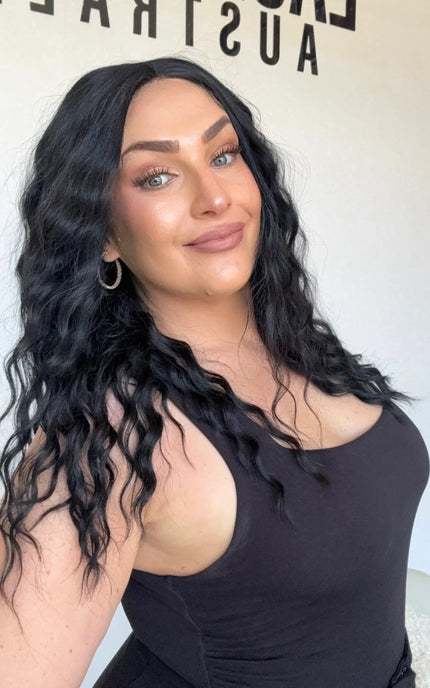 heat safe glueless synthetic wig, black hair, wavy hair, middle part australia wigs.