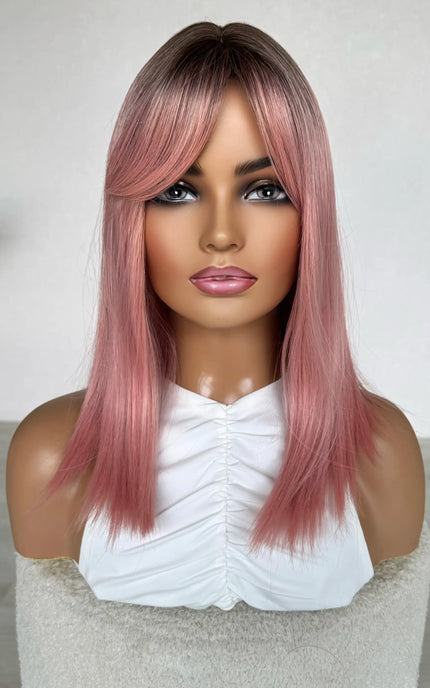 heat safe wig pink hair with dark root.