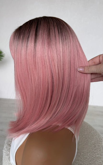 glueless heat safe synthetic wig, ombre pink hair with darker root and middle part.