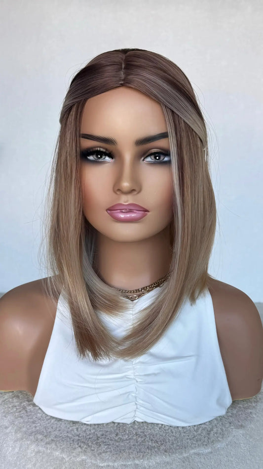 BOB middle part, 12-14 inches, hair pulled back into hairstyle.