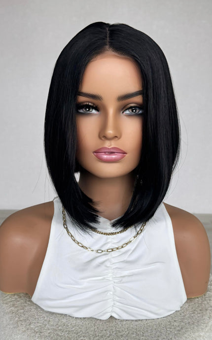 onyx black bob lacefront, 12 inch synthetic, heat safe synthetic hair.