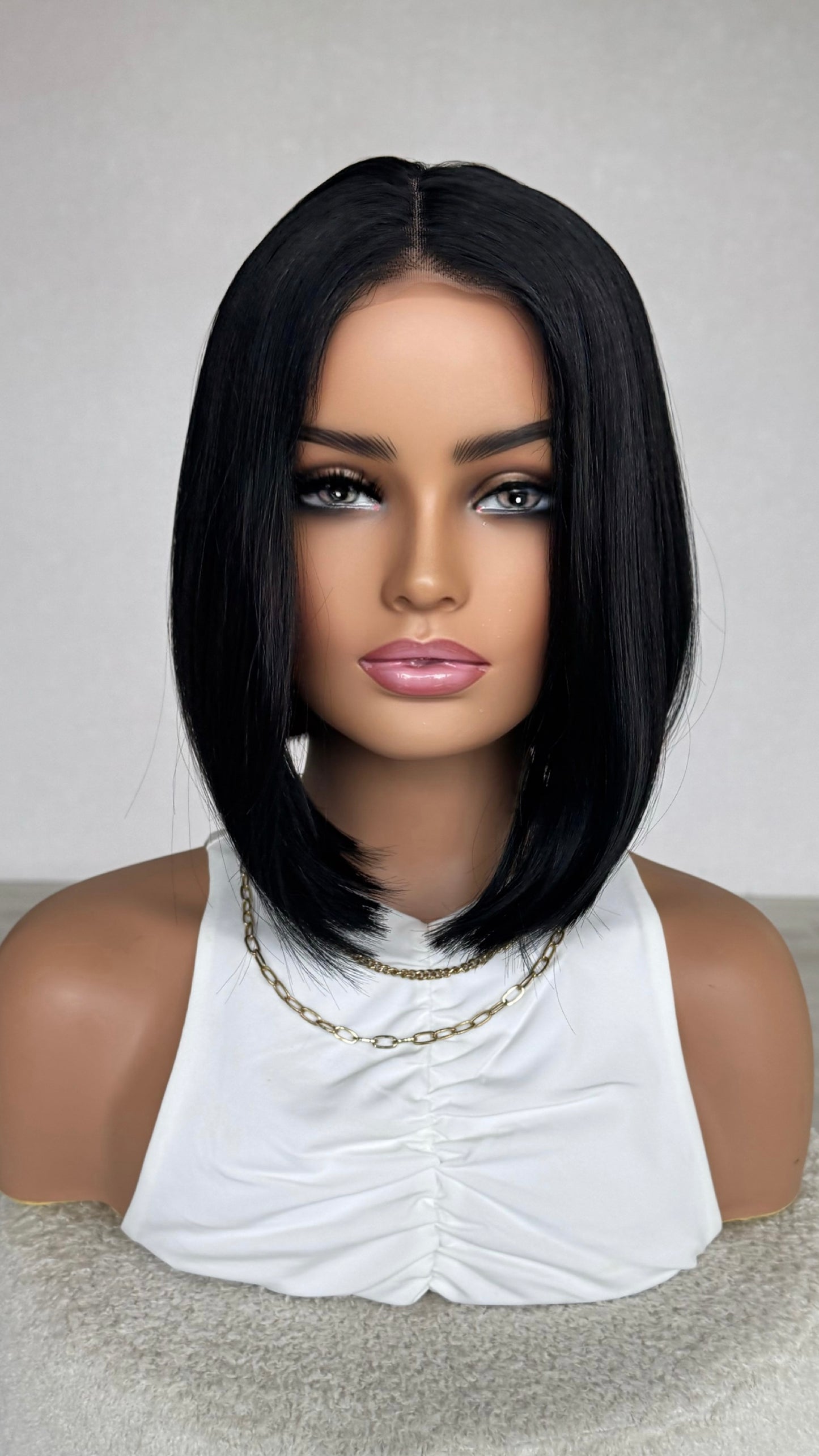 onyx black bob lacefront, 12 inch synthetic, heat safe synthetic hair.
