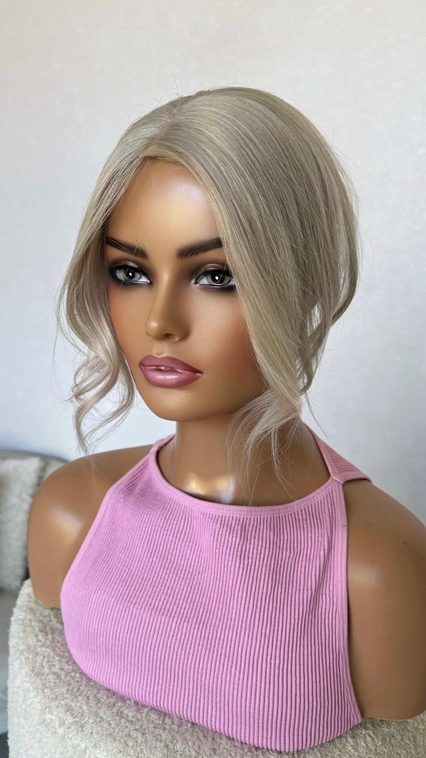 curled front 12 inch topper, middle part, 4x clips